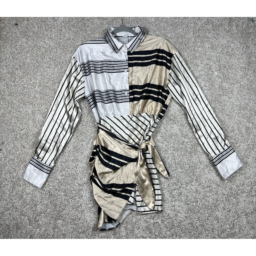 Azura Satin Stripe Wrap Shirt Dress S Tie Front Y2K Mini Statement